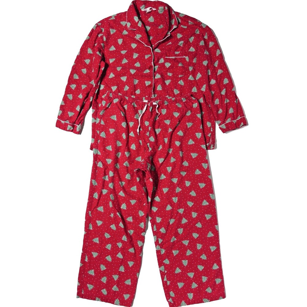 Victoria's Secret 2-Piece Red Christmas Trees Flannel Pajama Set Women Size L